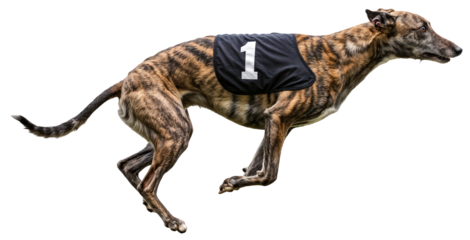 a fast brindle greyhound race dog with number one bib jumping