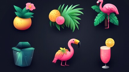 Set of cute summer icons: flamingo, toucan, tropical palm leaves, fruits, and drinks
