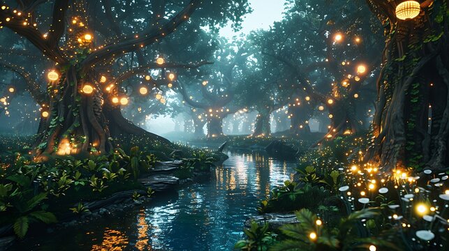 A mystical woodland with glowing plants, floating lights, and a serene river winding through ancient trees.