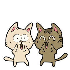 A whimsical cartoon illustration featuring two happy and surprised cats with wide open mouths, one cream-colored and the other brown tabby, expressing joy or laughter.