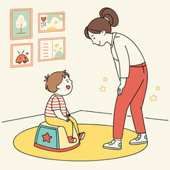 A cartoon illustration of a child sitting on a toilet in a bathroom with a towel and striped wallpaper