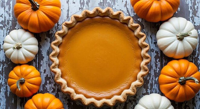 Whole pumpkin pie surrounded by mini pumpkins on rustic wooden surface dessert food