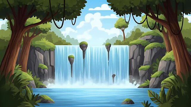 Cartoon jungle background with waterfall for nature animations, video games, and fantasy environment design