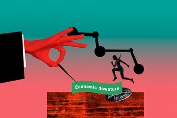 Full 3d art trend collage of serious businesswoman sportive economic downturn hand hold needle...