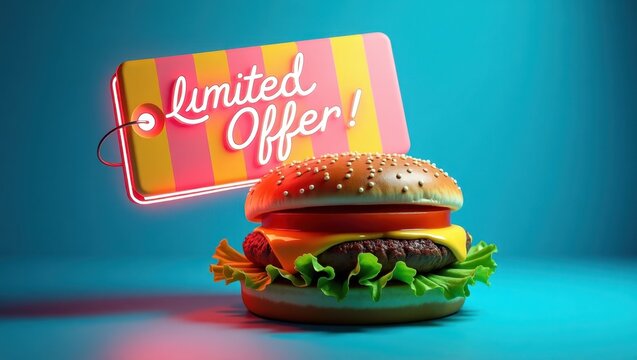 Colorful 3d burger with a neon limited offer sign. - Powered by Adobe