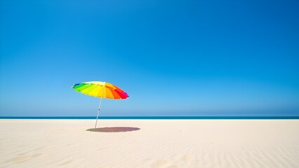 Colorful Beach Umbrella on White Sand with Clear Sky and Copy Space
