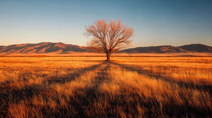 Fototapeta premium A solitary tree casts a long shadow across a golden field at dawn.
