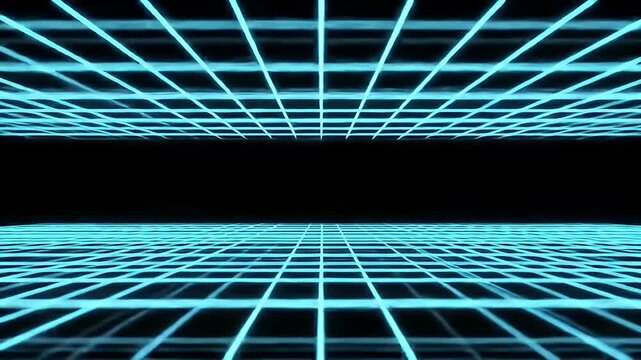 Retro wave Perspective view of glowing cyan grid lines against a black background