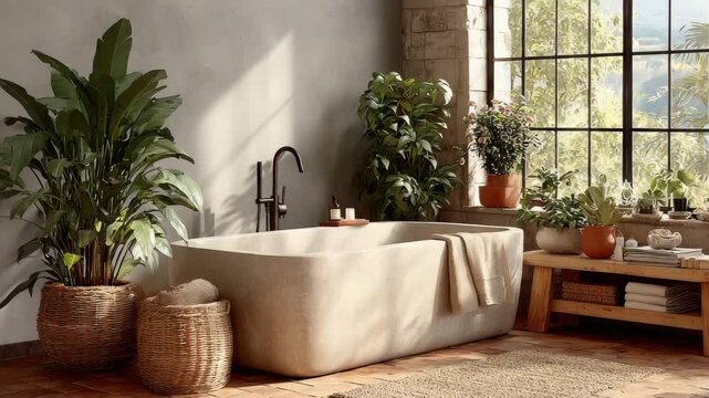 rustic spa bathroom, spa bathroom with plants, spa bathroom interior, rustic bathroom, spa design, indoor plants