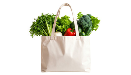 Reusable shopping bag with vegetables, no plastic items, eco-friendly living concept, isolated on transparent background