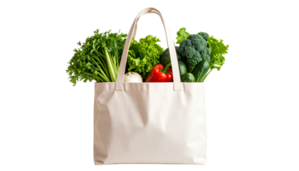 Reusable shopping bag with vegetables, no plastic items, eco-friendly living concept, isolated on transparent background
