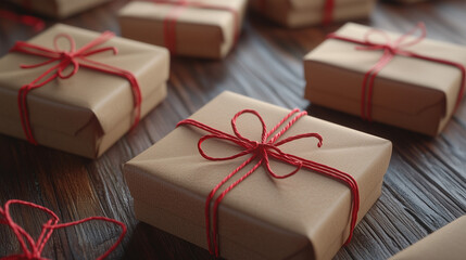 Kraft gift boxes with red bow on wooden desk. Concept of World Gratitude Day, Christmas gifting theme