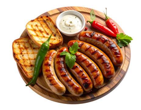 Seitenansicht von gegrillten Bratwürsten mit geröstetem Toast und buntem Gemüse, isoliert auf Weiß