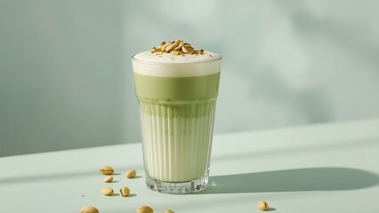 photorealistic image of a Pistachio Matcha Latte served in a tall, elegant glass with subtle vertical ridges. The drink has soft layers of creamy pistachio milk and bright green matcha, gently blended