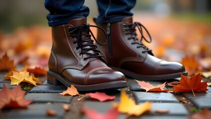 Close-up of stylish brown leather boots on cobblestone pavement surrounded by colorful autumn leaves. A perfect autumn fashion concept in natural outdoor light.