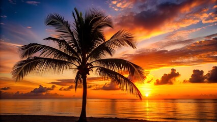 A solitary palm tree stands silhouetted against a dramatic