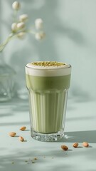 Vertical banner, wallpaper for social media of photorealistic image of a Pistachio Matcha Latte served in a tall, elegant glass with subtle vertical ridges. The drink has soft layers creamy pistachio