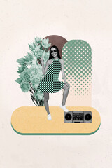 Trend artwork sketch design collage of young lady smile two finger hello bppmbpx music leisure...