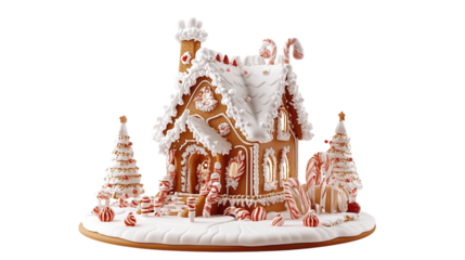 • A gingerbread house decorated with icing and candy, isolated on white background in HD 
