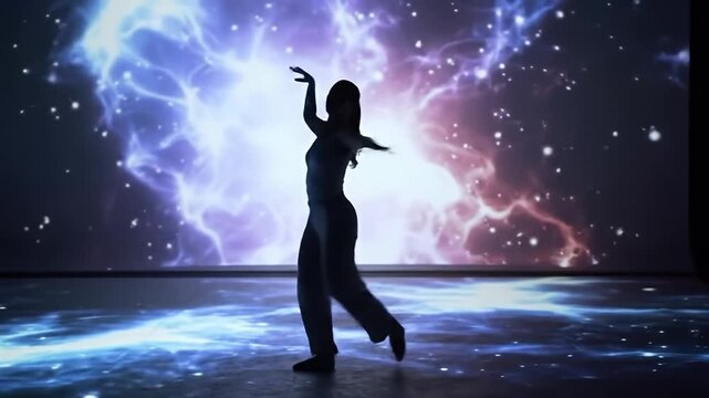 Silhouetted figure dances against a cosmic projection, arms extended, in a darkened room