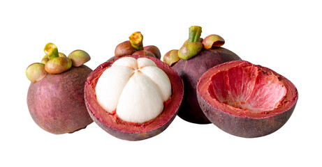 One ripe peeled mangosteen in mangosteen heap isolated with clipping path in png file format