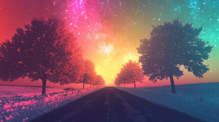 colorful starry night sky over winter road lined with snow-covered trees. dreamy and surreal landscape evoking wonder and exploration. travel, nature, fantasy art.