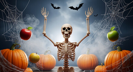 A cheerful skeleton celebrates at a monster mash, surrounded by pumpkins and spooky cobwebs. This fun and moody scene is perfect for any Halloween party.