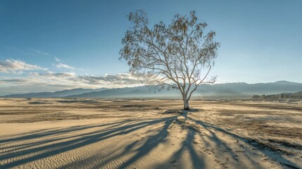 Solitary tree casts long shadows across a vast desert landscape.