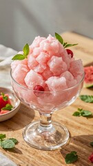 food photography of a Watermelon Mint Bingsu dessert, featuring fluffy, snow-like shaved ice in a soft pink-red color, infused with watermelon and mint. The shaved ice is served in a clear glass