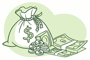 Watercolor-Style Money Sack Illustration in Green Tones
