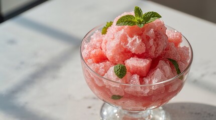food photography of a Watermelon Mint Bingsu dessert, featuring fluffy, snow-like shaved ice in a soft pink-red color, infused with watermelon and mint. The shaved ice is served in a clear glass