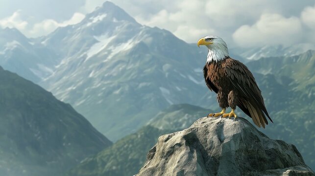 A majestic eagle stands proudly on a rocky outcrop, gazing over a breathtaking mountain landscape. This stunning scene captures the beauty of nature and wildlife.
