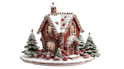 • A gingerbread house with icing and candy decorations for Christmas, isolated on white background in HD 