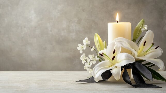 Simple funeral background with candle and white lilies on gray, minimal condolence design
