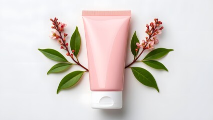 Pink cream tube mockup for skincare and beauty product with floral decoration design