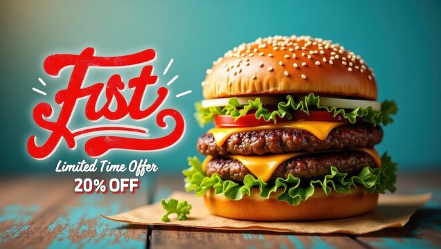 Delicious double cheeseburger displayed on a wooden surface. - Powered by Adobe