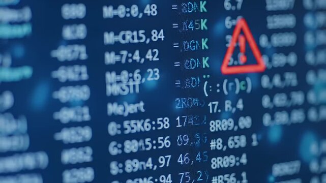 Digital display showing data with error alert triangle, blue background - Powered by Adobe