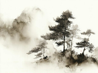 Sumi-e ink painting of pine trees and mountains © HY08