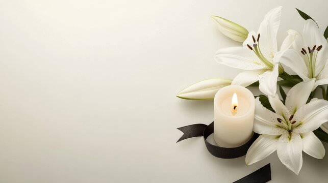 Simple funeral background with candle and white lilies on gray, minimal condolence design