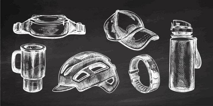 Hand drawn vintage sketch of camping, travel and sport accessories in white chalk on chalkboard background, vector illustration