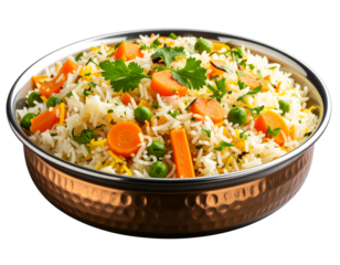 Side Angle Close-Up of Vegetable Biryani in Metal Dish Highlighting Texture and Ingredients, Transparent PNG