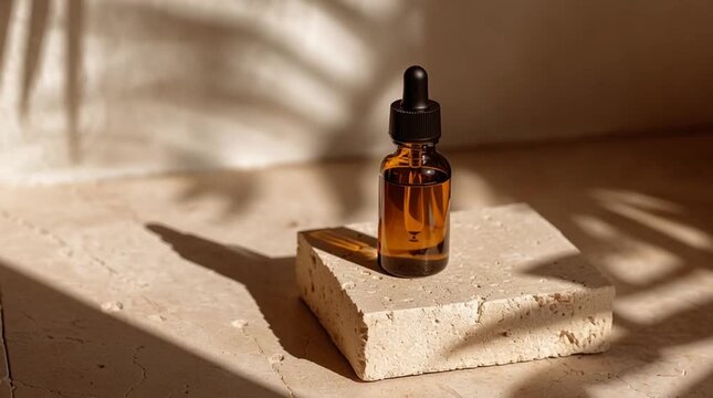 Essential oil bottle on a stone block, shadow patterns creating a natural, spa-like atmosphere, wellness concept