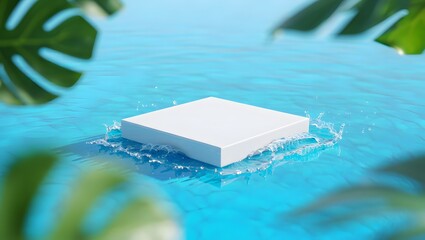 Product display podium on water surface with tropical leaves for summer presentation