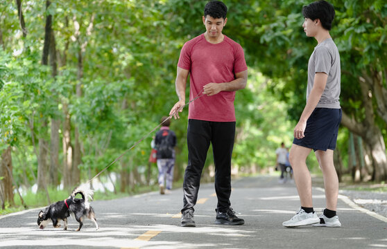 Active men walking outdoors in nature green park with chihuahua dog. Gay couple exercising together in the morning. Two young people exercise in countryside is healthy lifestyle. Gay couple and pet.