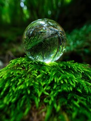 Crystal ball on moss in forest photography nature green lensball reflection trees
