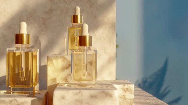 Luxurious golden serums in glass bottles. Beauty elixir for skin. Natural skincare for radiant, healthy glow.