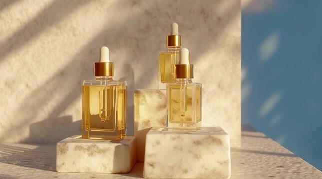 Luxurious golden serums in glass bottles. Beauty elixir for skin. Natural skincare for radiant, healthy glow.
