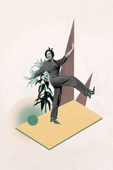 Composite image montage trend artwork 3D collage of young woman retro style outfit walk lily flower...
