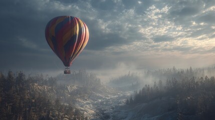 Obraz premium Hot air balloon over misty mountain landscape