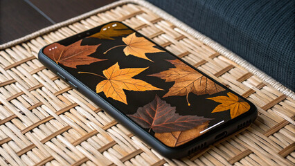 Smartphone displaying a vibrant autumn leaf wallpaper on a woven surface, showcasing the beauty of fall foliage with warm colors and intricate leaf patterns.